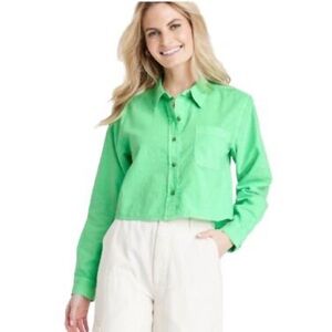 Universal Thread Women's Long Sleeve Button-Down Cropped Shirt Green Size XL